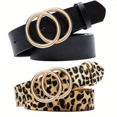 Double O-Ring Buckle PU Leather Belt Casual Waistband for Women