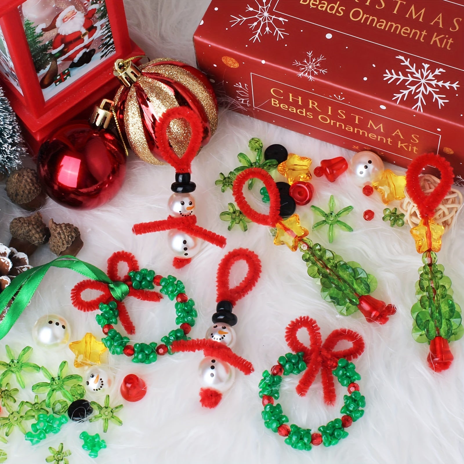 Christmas Beaded Ornament Kit 36pcs Snowman Tree Wreath Craft Party Holiday