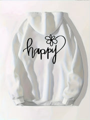 Happy Print Zip Up Hoodie Casual Sweatshirt for Women