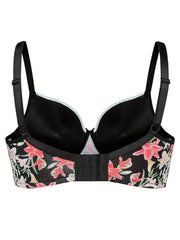 Colorblock Floral Print Molded Cup Underwire Bow Bra