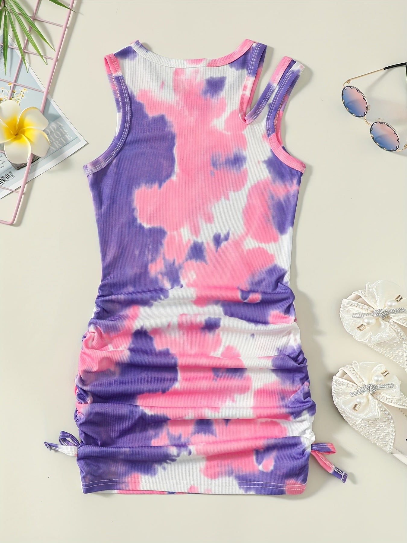 Girls Tie Dye Sleeveless Dress Round Neck Off Shoulder Bag Hip Dress