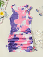 Girls Tie Dye Sleeveless Dress Round Neck Off Shoulder Bag Hip Dress