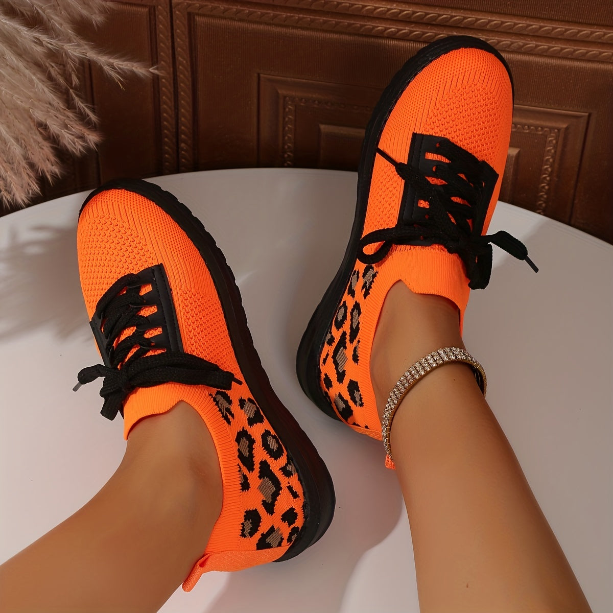 Leopard Print Sneakers Breathable Knit Lace Up Lightweight Shoes