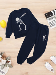 Kid's Dancing Skeleton Print Sweatshirt & Sweatpants Set