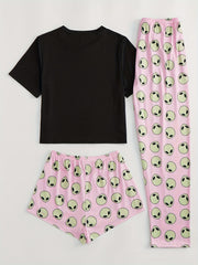 Alien Print Pajamas Set Short Sleeve Crew Neck Top & Shorts & Pants