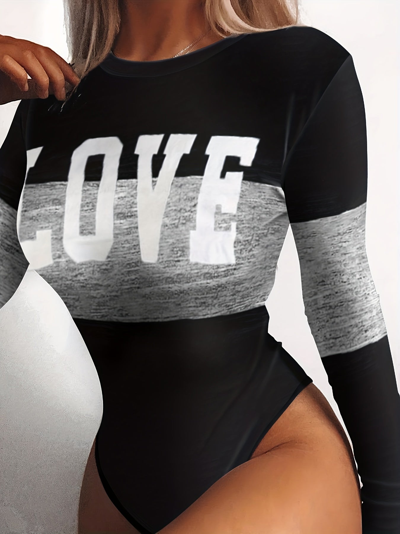 Block Letter Print Bodysuit Long Sleeve Sexy One-Piece