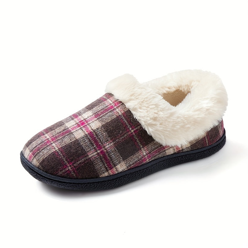 Women's Plaid Fluffy Slippers Warm Cozy Slip On Fuzzy Shoes