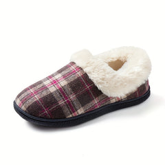 Women's Plaid Fluffy Slippers Warm Cozy Slip On Fuzzy Shoes
