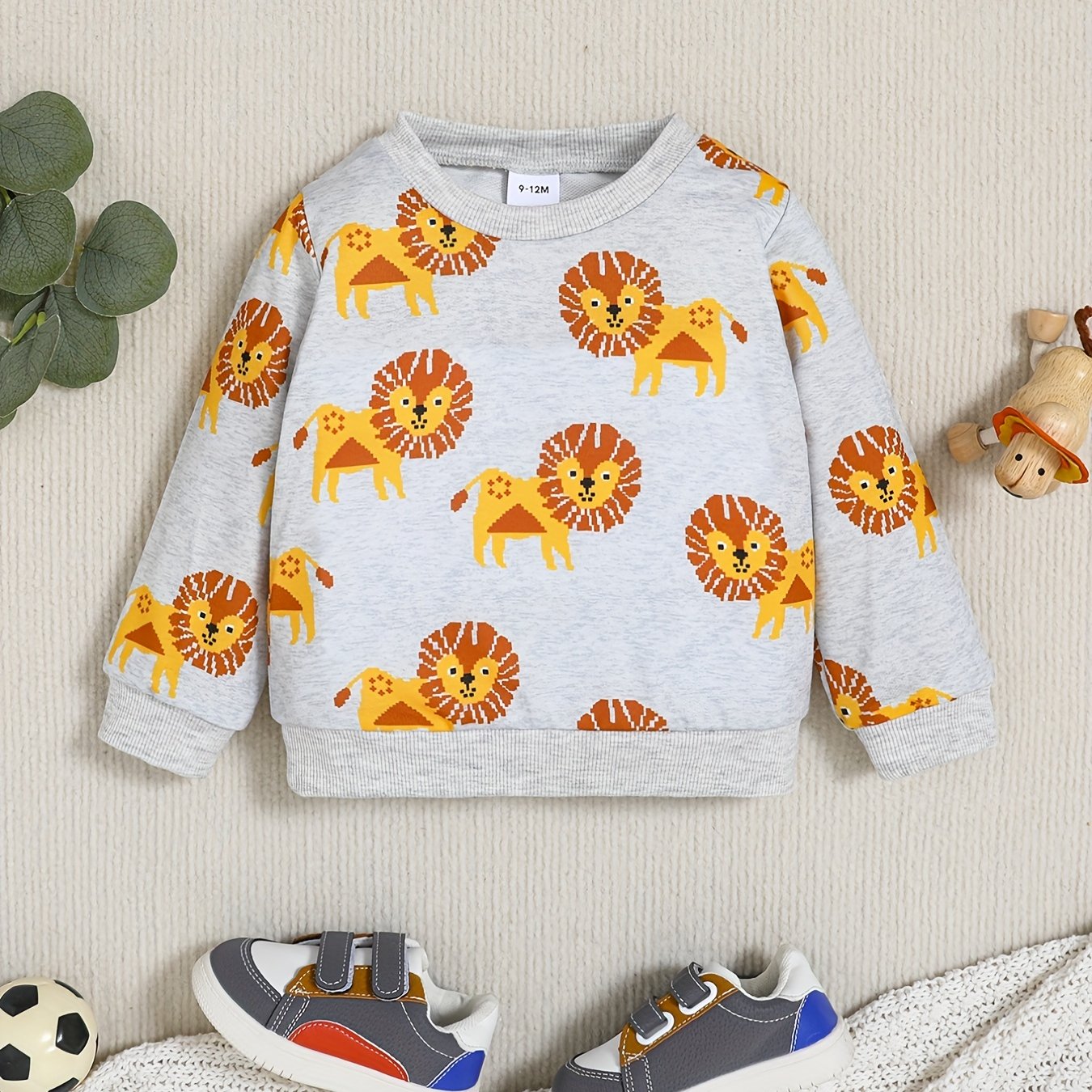 Lion Print Boys Sweatshirt Long Sleeve Crew Neck Tops