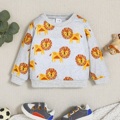 Lion Print Boys Sweatshirt Long Sleeve Crew Neck Tops