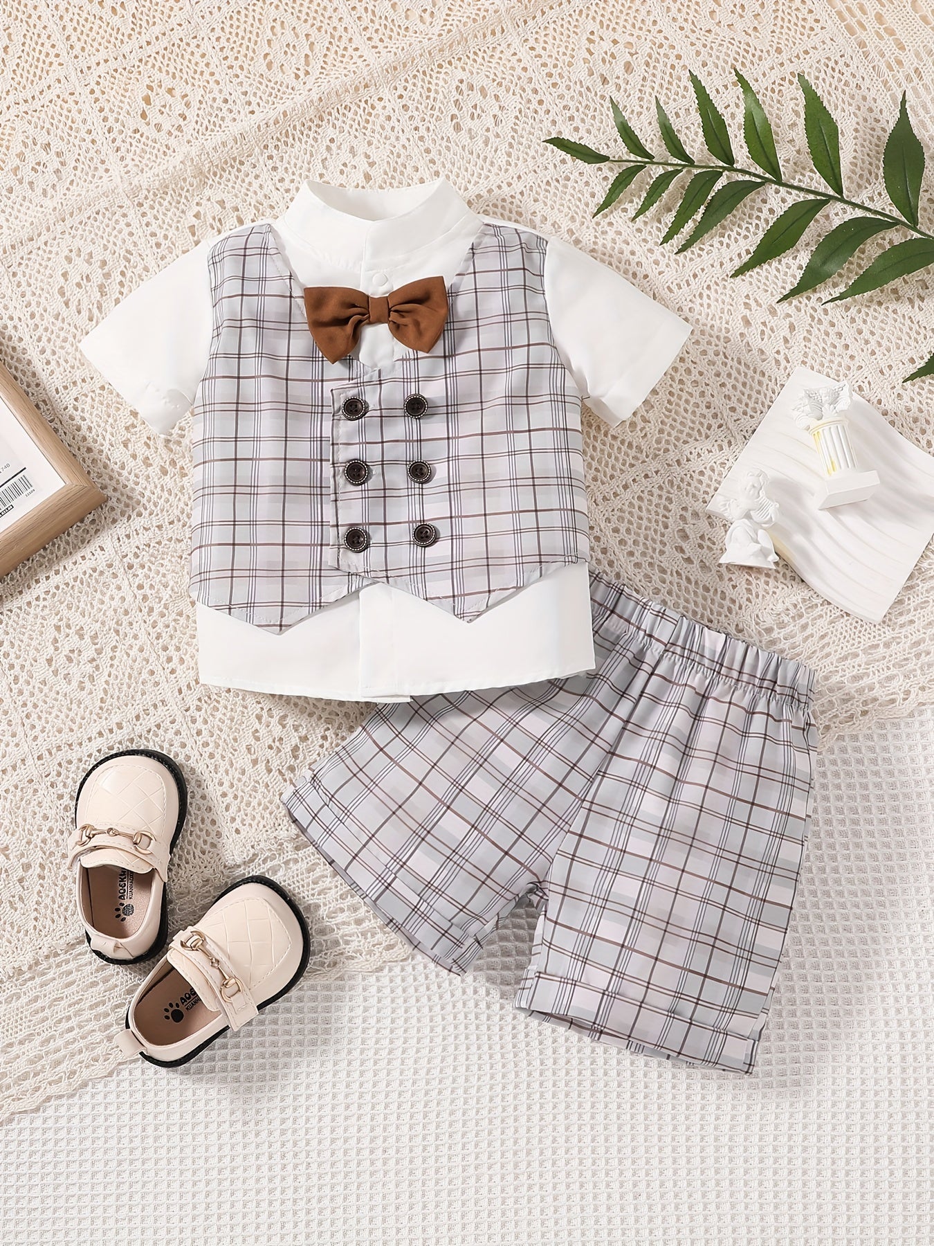 Preppy Summer Outfit for Baby Boys Bowtie Shirt & Plaid Shorts Set
