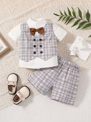 Preppy Summer Outfit for Baby Boys Bowtie Shirt & Plaid Shorts Set