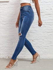 Ripped Knee Cut Skinny Jeans High Rise Distressed Denim Pants