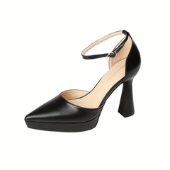 Solid Block Heels Point Toe Dress Pumps with Buckle Strap