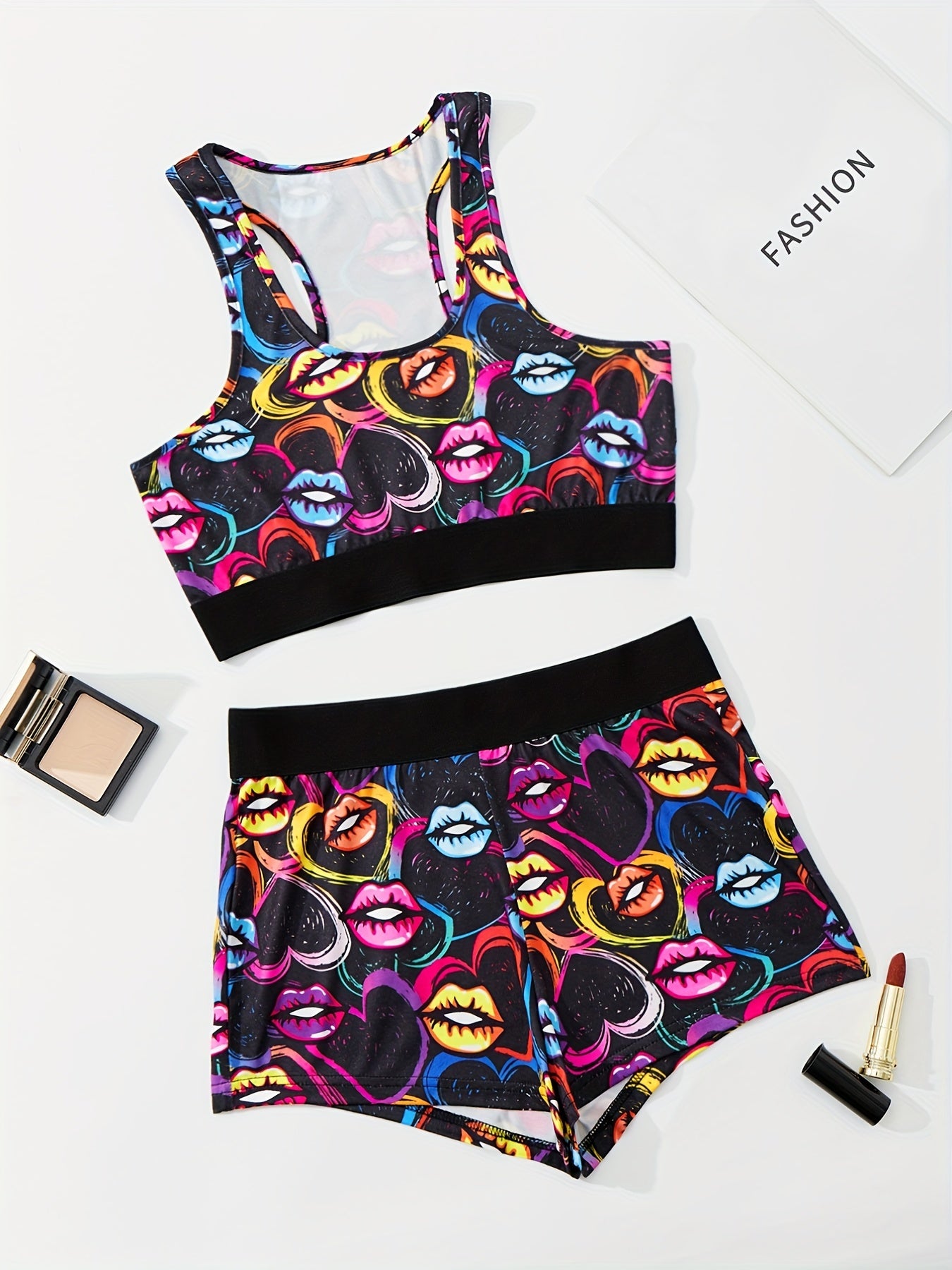 Lip & Heart Print Pajama Set Crew Neck Tank Top & Shorts