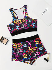 Lip & Heart Print Pajama Set Crew Neck Tank Top & Shorts