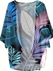 Women's Plus Tropical Print Half Sleeve Open Front Cardigan
