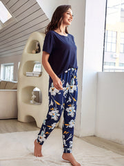 Floral Print Pajamas Set Short Sleeve Top & Pants Women's Sleepwear