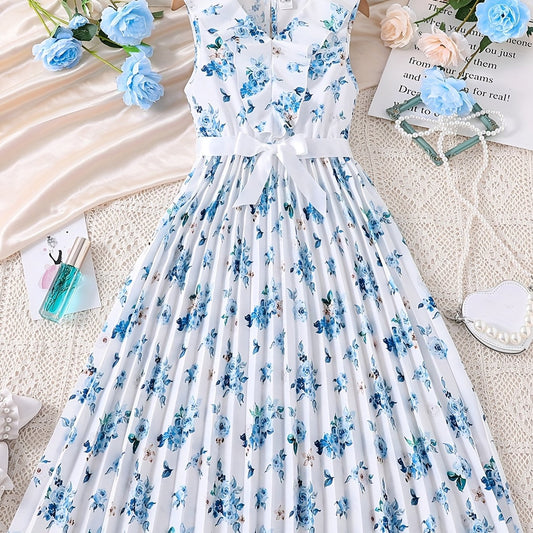 Floral Print Sleeveless Pleated Casual Midi Dress with Ruffle V Neck