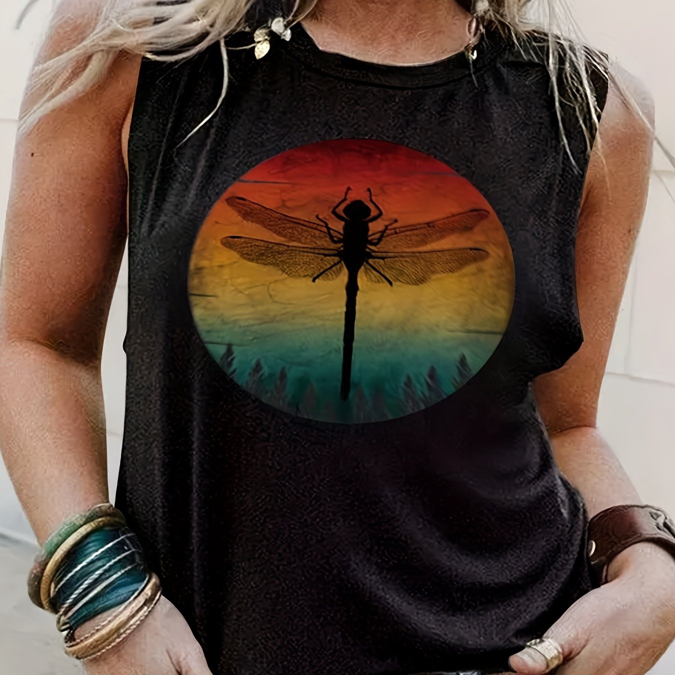 Dragonfly Print Plus Size Tank Top Round Neck Casual Sleeveless Tee