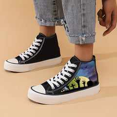 Halloween Scary Graveyard Pattern High Top Canvas Sneakers