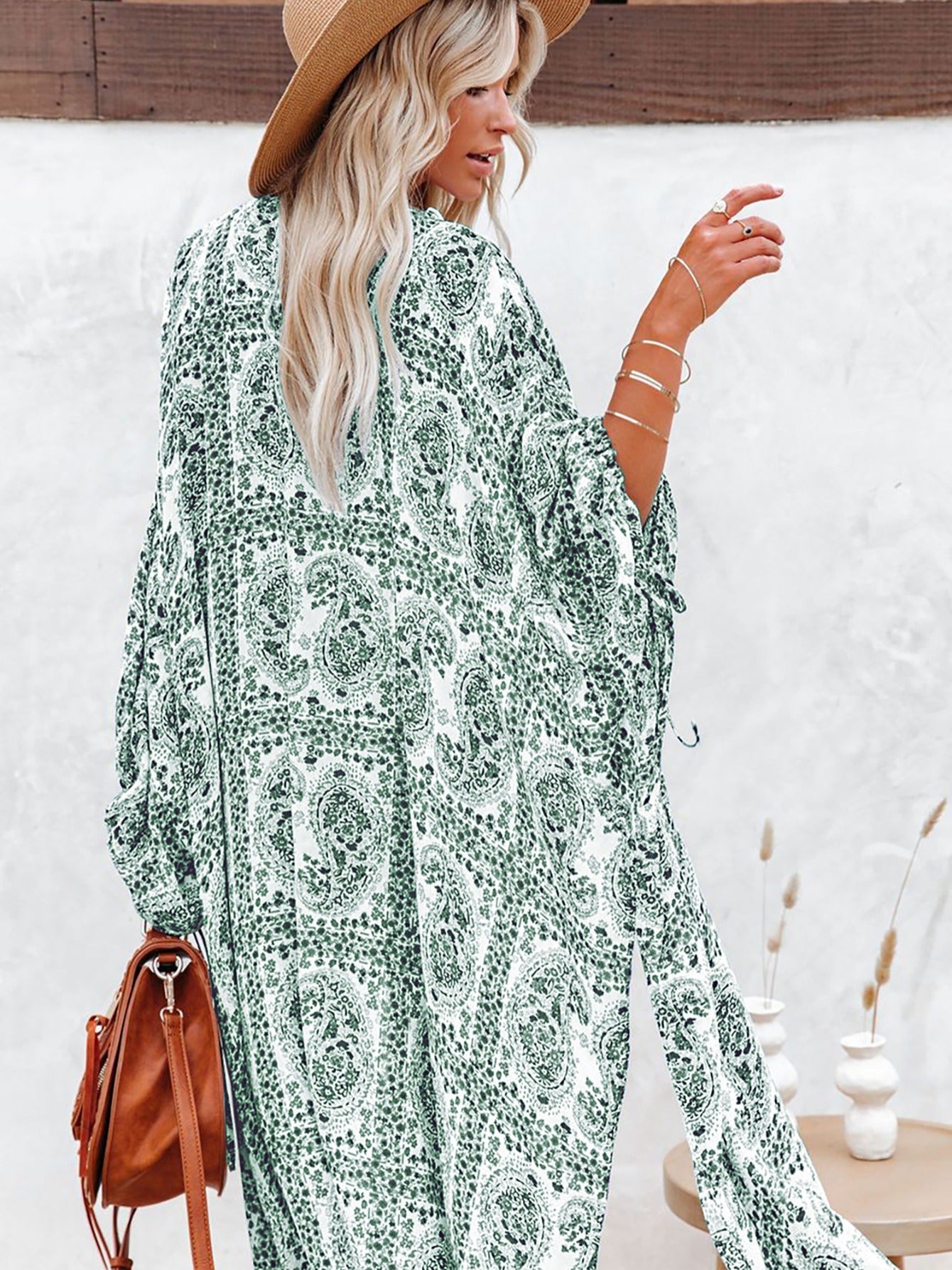 Green Print Fringed Beach Cardigan Casual Loose Cover Ups Kimono