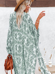 Green Print Fringed Beach Cardigan Casual Loose Cover Ups Kimono