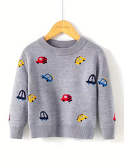 Kids Knit Sweater Cartoon Cars Graphic Print Pullover Sweater Tops
