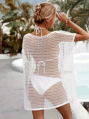 Eyelet Hollow Crochet Beach Cover Up Split Side Short Sleeves