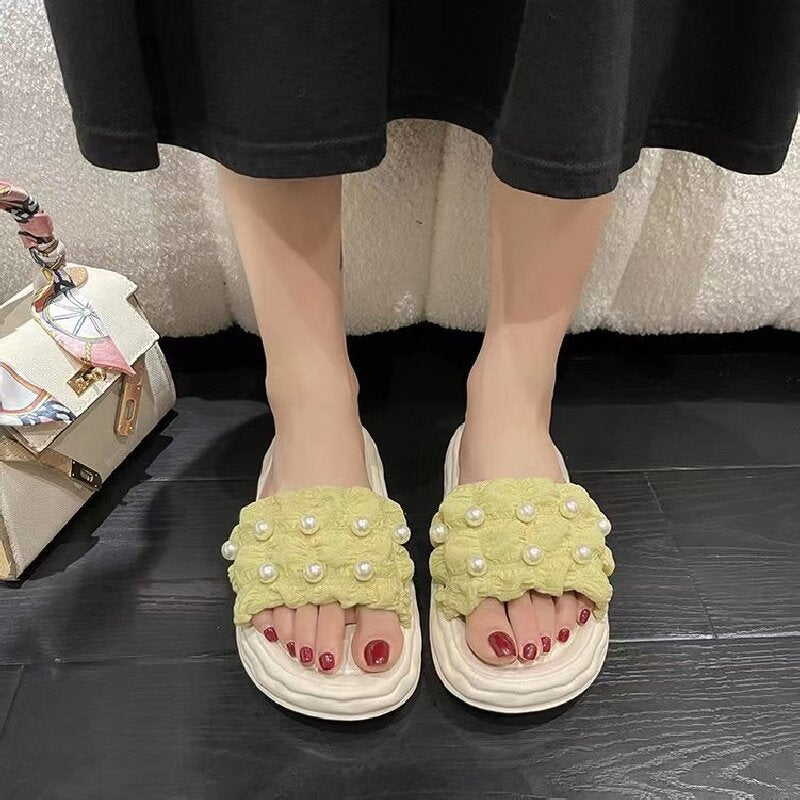 Ruched Faux Pearl Slippers Platform Comfy Indoor & Outdoor Slides