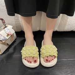 Ruched Faux Pearl Slippers Platform Comfy Indoor & Outdoor Slides