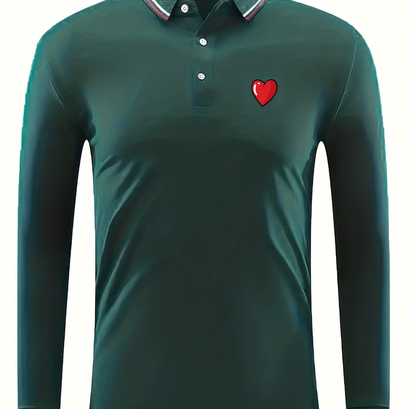 Red Heart Print Men's Casual Button Up Long Sleeve Lightweight Polo Shirt