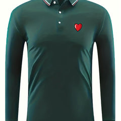 Red Heart Print Men's Casual Button Up Long Sleeve Lightweight Polo Shirt