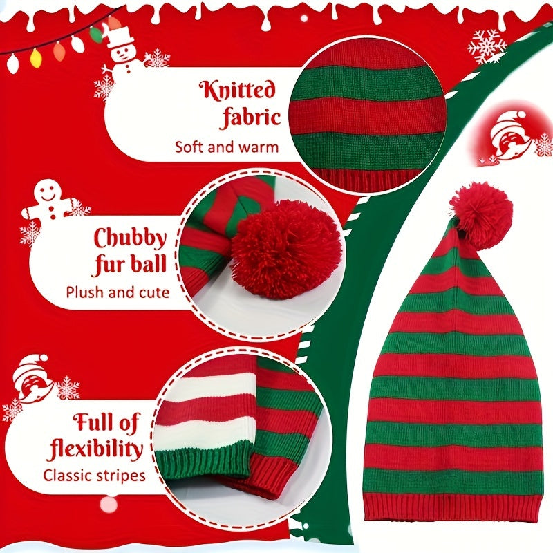 Christmas Striped Knit Hat With Pom, Adult Kids Beanie Caps