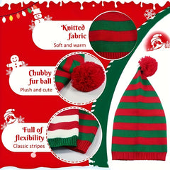 Christmas Striped Knit Hat With Pom, Adult Kids Beanie Caps