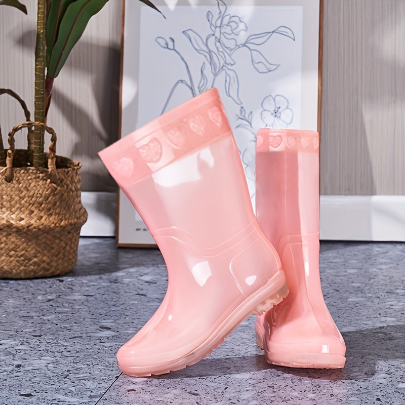 Women's Pink Mid Calf Rain Boots - Waterproof Non Slip Work Shoes