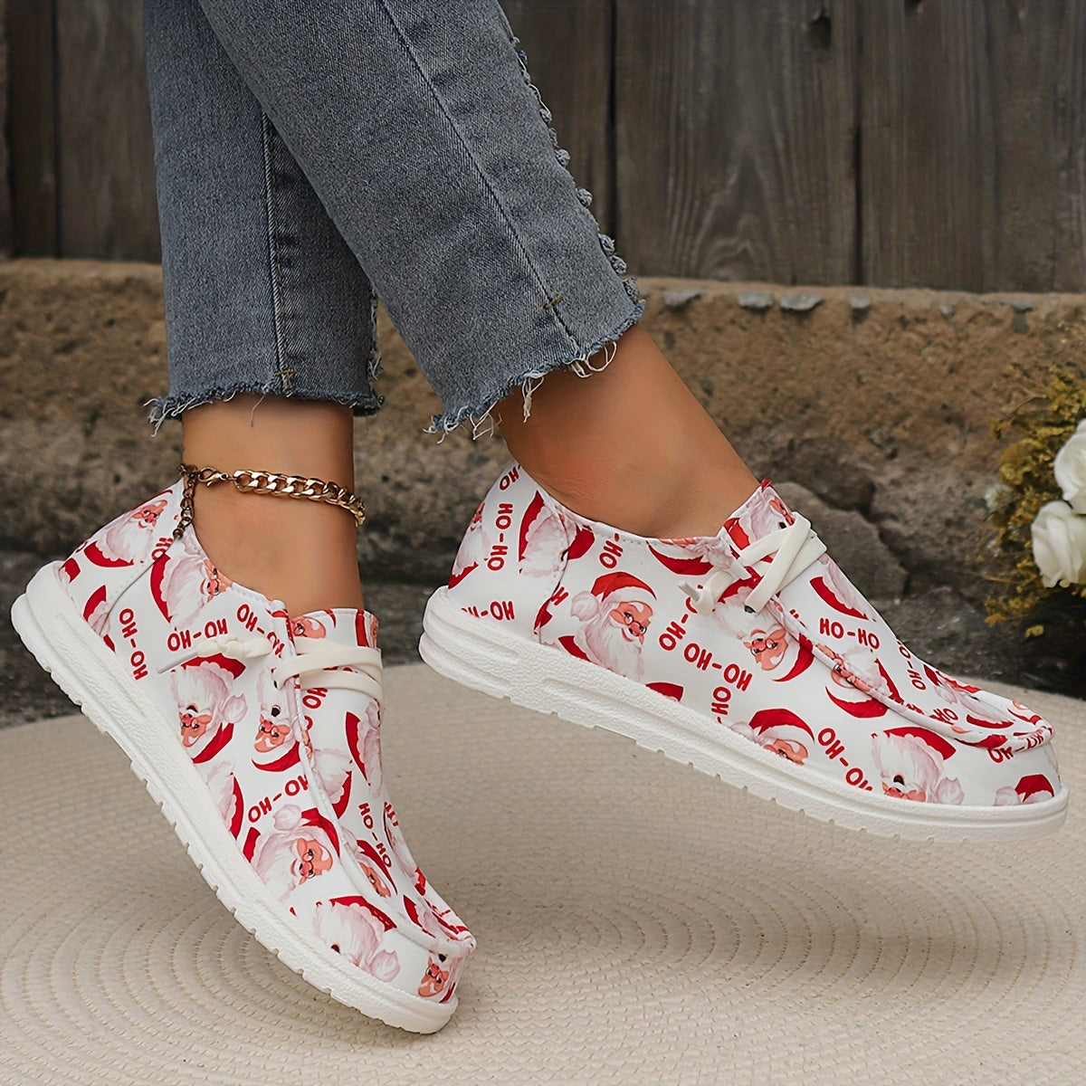 Christmas Santa Print Slip-On Canvas Sneakers Lightweight Loafers Shoes