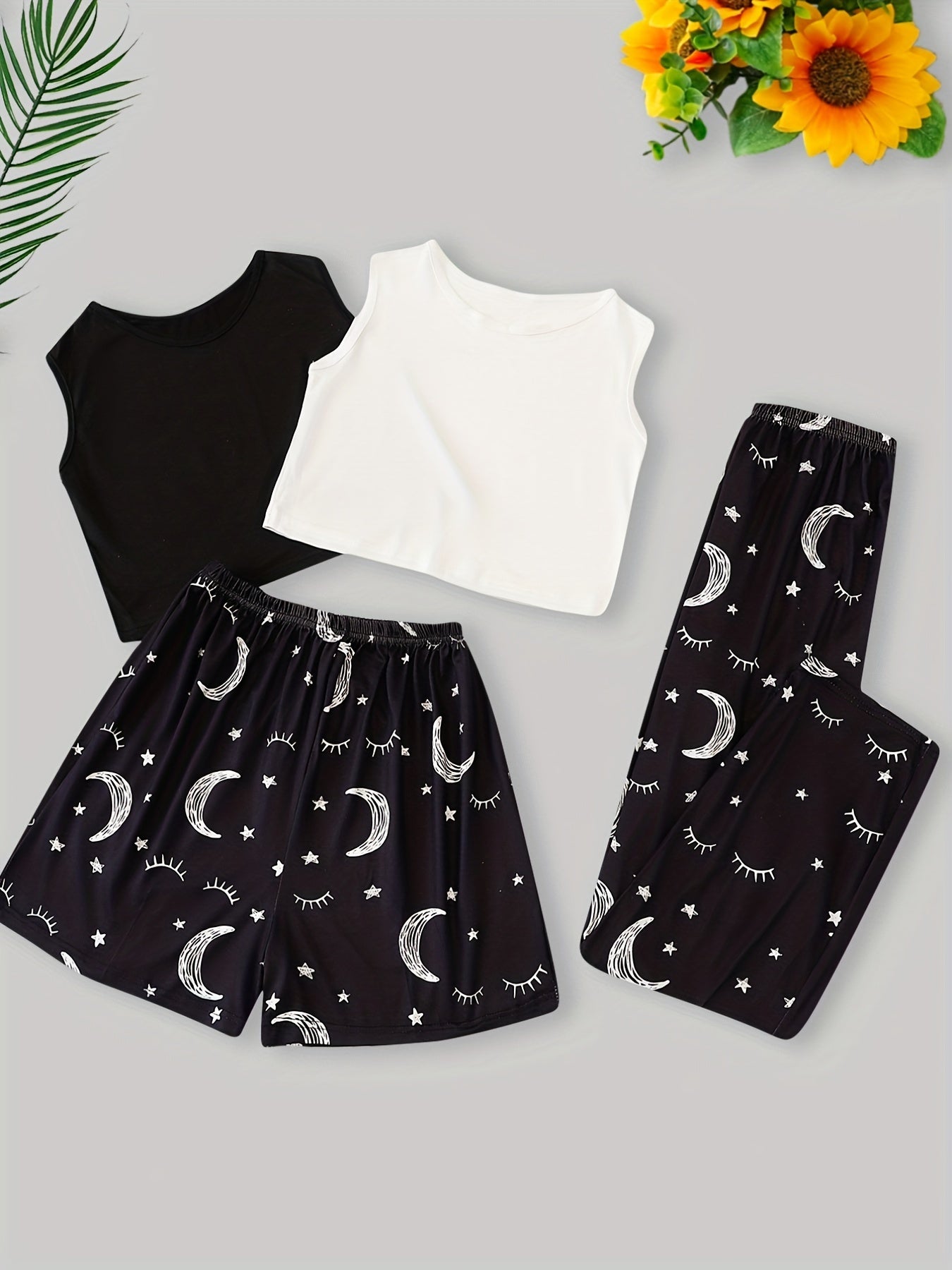 Moon Print Pajama Set 2pcs Crew Neck Tank Top & Elastic Waistband Shorts & Pants