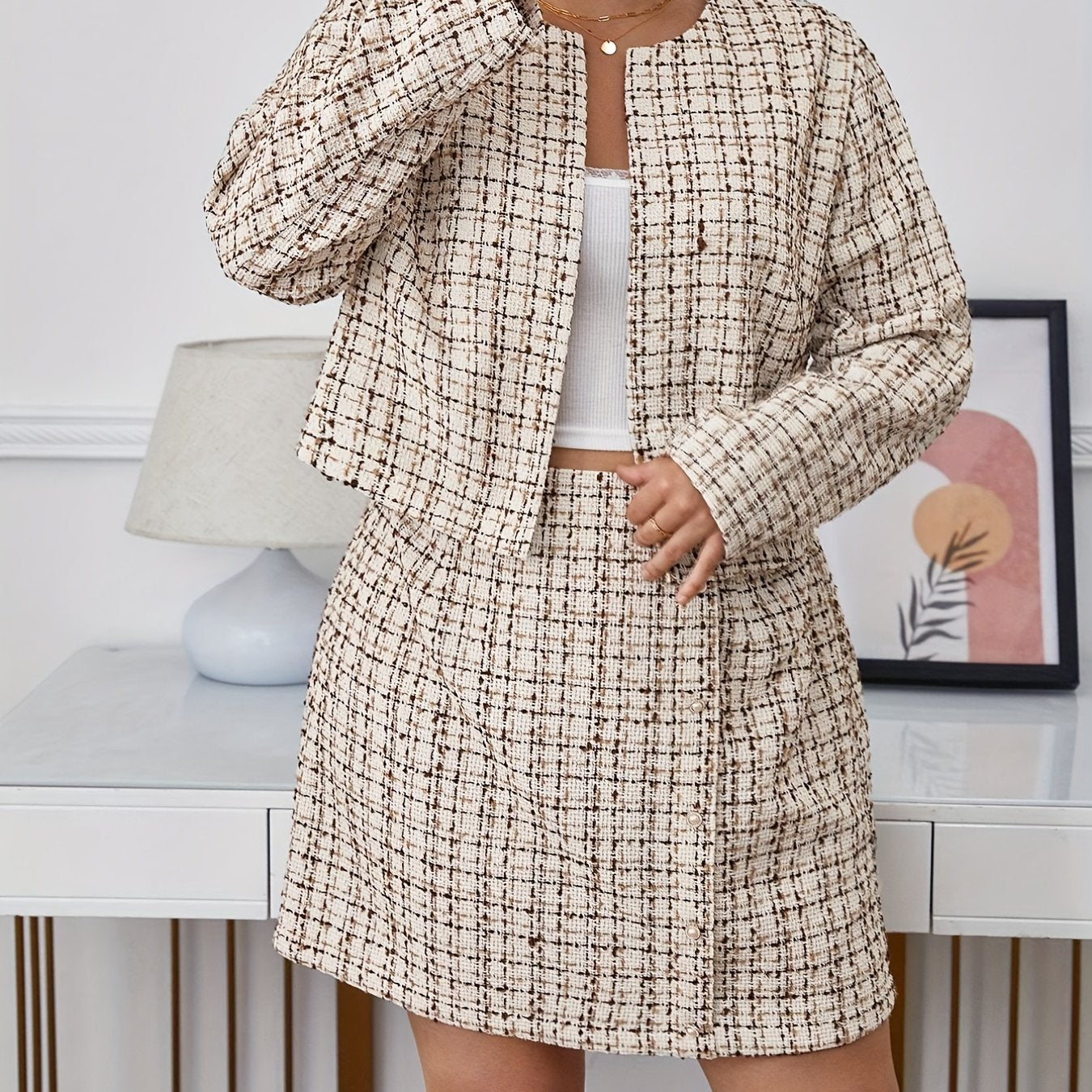 Women's Plus Tweed Coat & Mini Skirt Two Piece Set