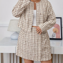 Women's Plus Tweed Coat & Mini Skirt Two Piece Set