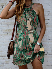 Paisley Print Tie Back Dress Sleeveless Boho Shirred Waist