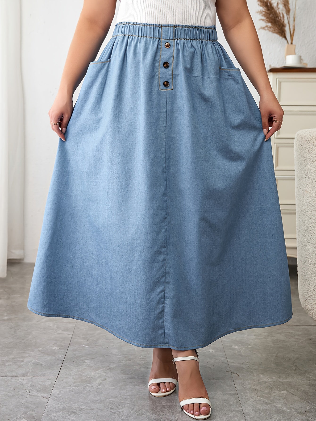 Boho Denim Skirt High Rise Maxi Denim Skirt With Pockets
