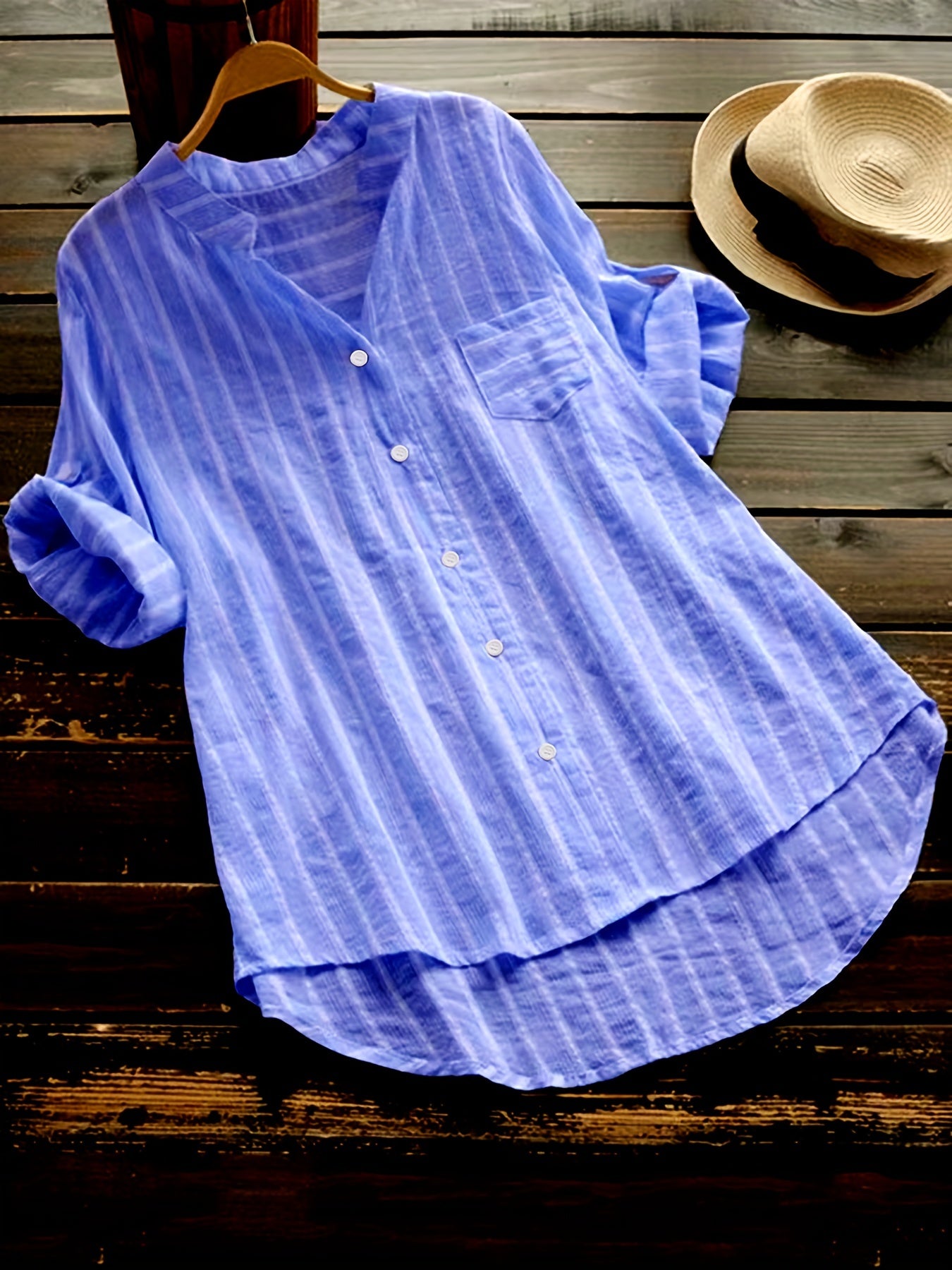 Stripe Print Button Up Short Sleeve Blouse