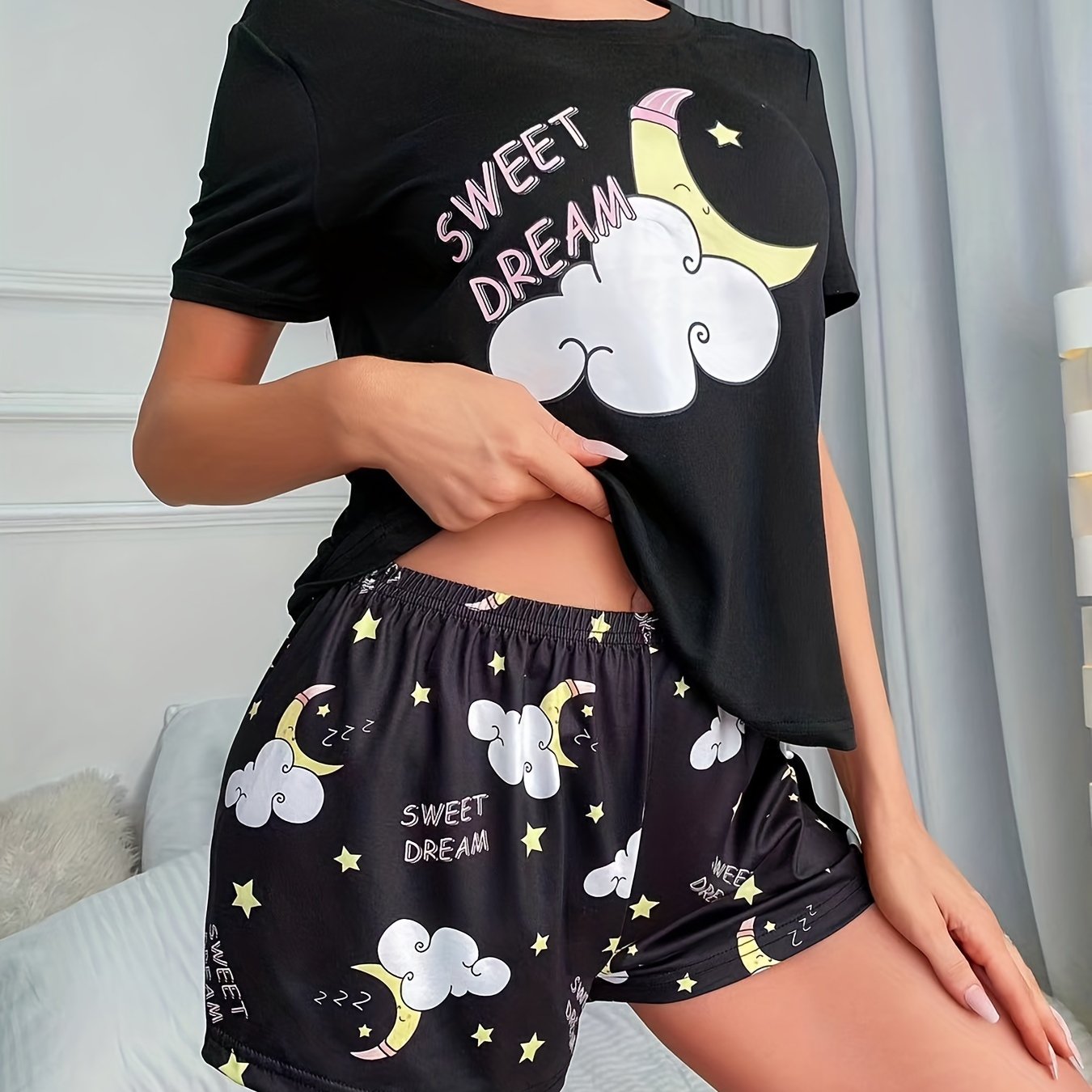Starry Print Pajama Set Short Sleeve Crew Neck Top & Shorts