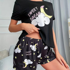 Starry Print Pajama Set Short Sleeve Crew Neck Top & Shorts