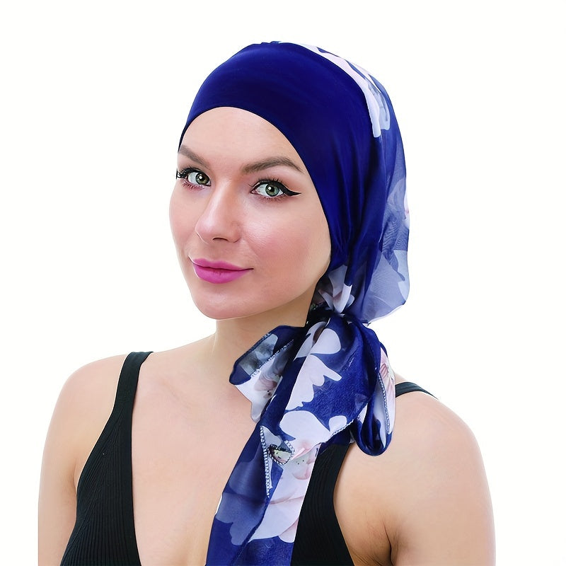 Floral Print Chiffon Bonnet Long Hair Lace Up Head Scarf