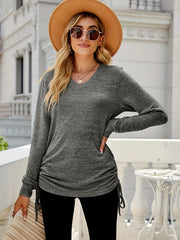 Casual Knit Top Women's Plus Solid Side Tie Ruched Long Sleeve