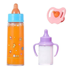 3pcs Baby Doll Feeding Set - Milk, Juice Bottles, Toy Pacifier, Pink Plastic