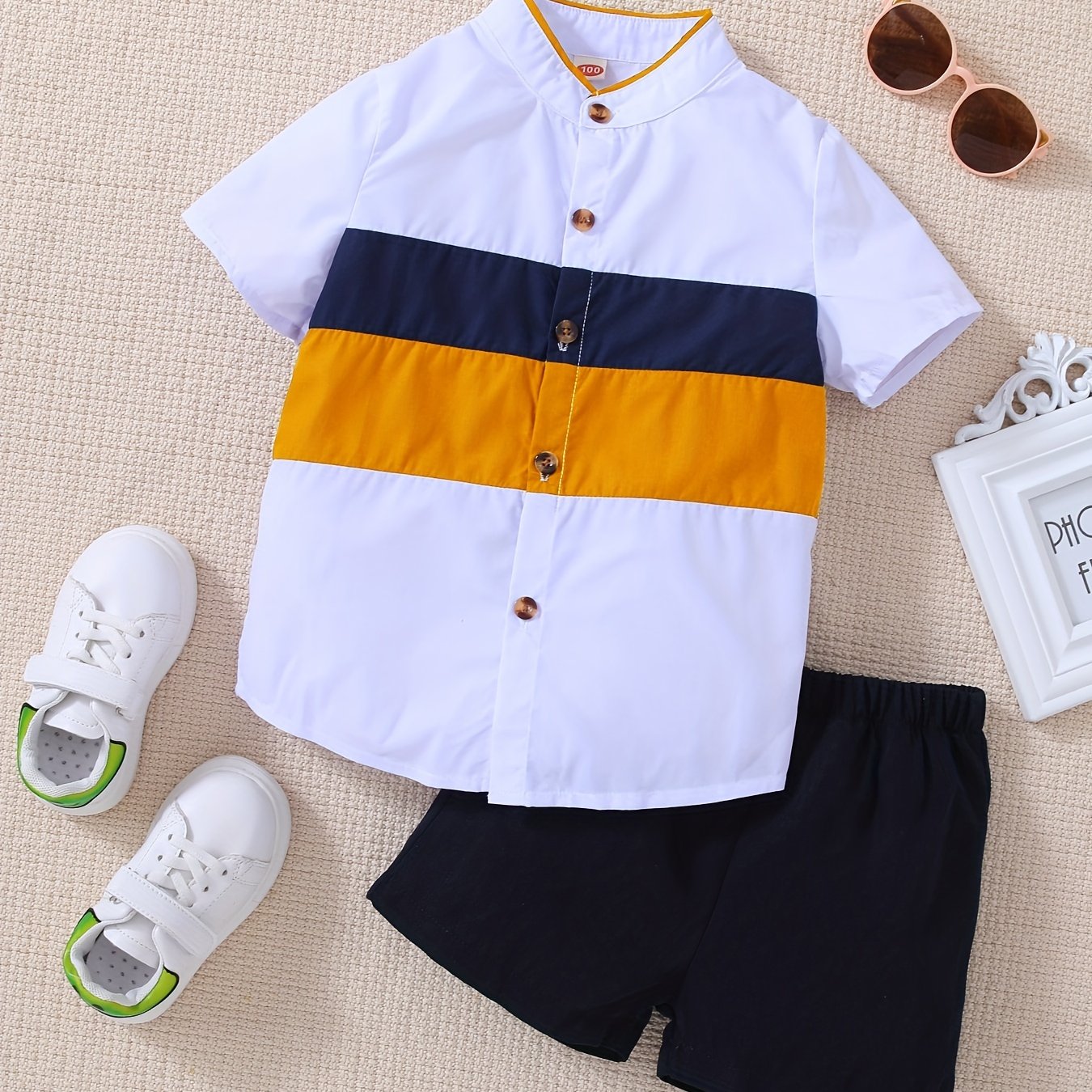 Boys Block Outfit Short Sleeves Stand Collar Shirt & Shorts Set