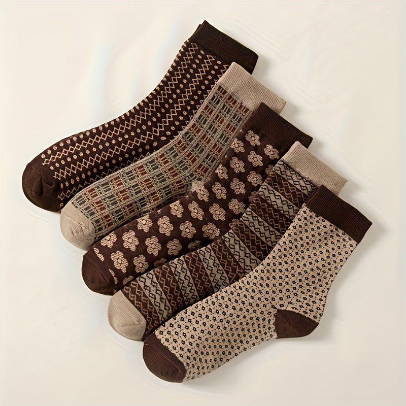 5 Pairs Floral & Plaid Print Socks Women's Mid Tube Stockings
